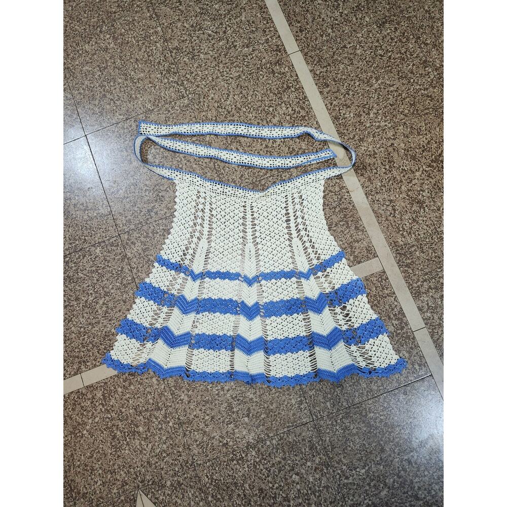 Vintage Child-Size Hand Crocheted Half Apron Beige Blue Prairie Farmgirl Cottage